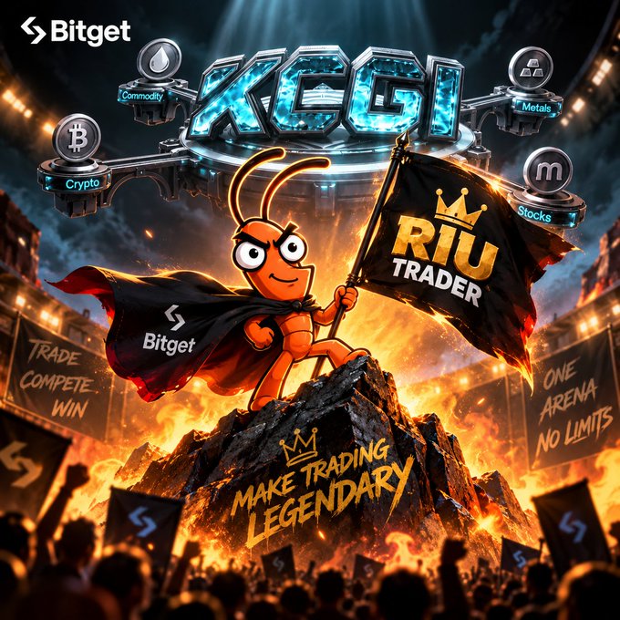 A promotional graphic features the Bitget logo, a cartoon ant holding a "RIU TRADER" flag, and the text "KCG - MAKE TRADING LEGENDARY."