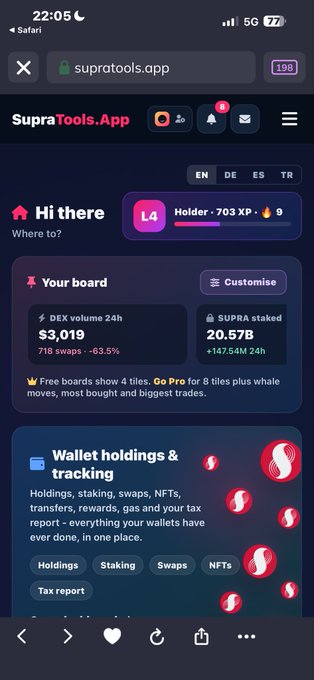 A mobile screenshot of SupraTools.App showing user stats for 'real Illiia' with 'Holder • 703 XP', DEX volume of $3,019, and SUPRAd staked at 20.57B.