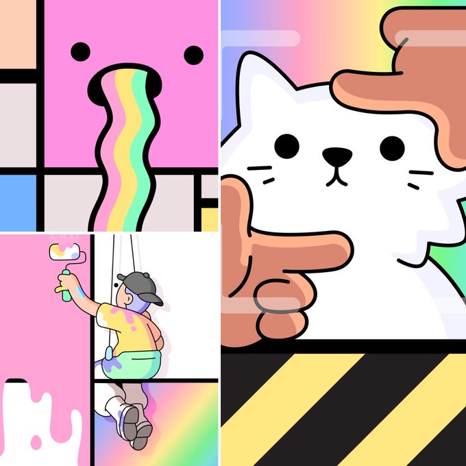 The image is a collage of various cartoon characters, including a cat, an orange cat with a rainbow stripe down its back (from left to right), a man painting his face with a paintbrush, and another man spraying graffiti on a wall. The scene includes some text that reads "Doodles putting on an absolute clinic today with this @elmonx official collab. Absolutely nailed supply and price points with !!! grabbed all three." This image seems to be promoting artistic collaboration or showcasing the work of different cartoon artists coming together to create something unique and engaging.