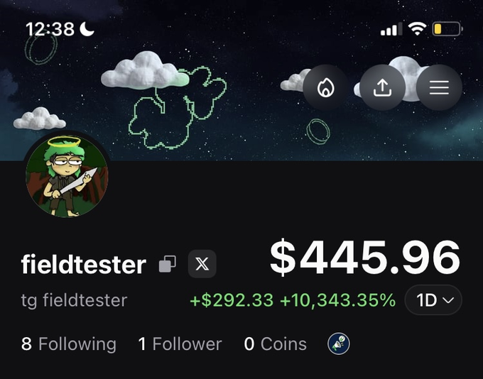 The image shows a profile on the Pump.fun app for "fieldtester" with a wallet balance of $445.96, a green figure holding a sword as the avatar, and a 1-day gain of +$292.33 (+10,343.35%), promoting their trading callouts on the cross-chain platform.