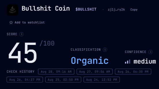 The image shows a Luminos analytics dashboard for "Bullshit Coin" ($BULLSHIT) displaying a token score of 45/100, classified as "Organic" with medium confidence, alongside a check history log spanning August 24-28. This visually supports the post's claim about $Bullshit being organic, highlighting the platform's ability to detect genuine tokens at low market cap.