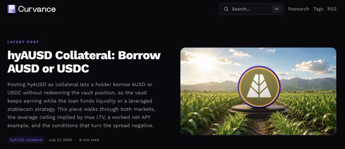 A blog header image from Curvance featuring a "Latest Post" titled "hyAUSD Collateral: Borrow AUSd or USDC," with a scenic field of crops and a stylized triangle logo, illustrating the article's focus on using hyAUSD as collateral for borrowing while keeping vault positions active.