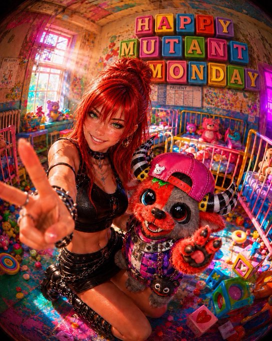 A red-haired woman in black leather poses with a peace sign next to a furry creature wearing a pink cap in a colorful room with 'HAPPY MUTANT MONDAY' spelled out in toy blocks.