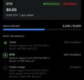 A screenshot of a crypto wallet showing OTD at $0.00, with sending paused and a BNB allowance of 1.509/10.00.