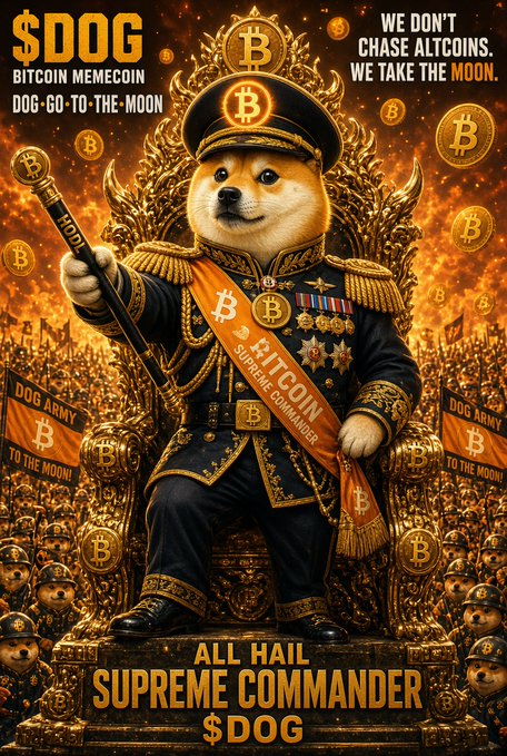 A patriotic-style meme poster for '$DOG' Bitcoin Memecoin, depicting a Shiba Inu as a supreme military commander with text 'WE DON'T CHASE ALTCOINS. WE TAKE THE MOON.' and 'ALL HAIL SUPREME COMMANDER $DOG'.