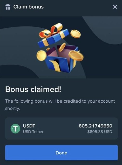 A blue box with a gold ribbon and three gold coins is displayed, accompanied by a message about a claimed bonus.