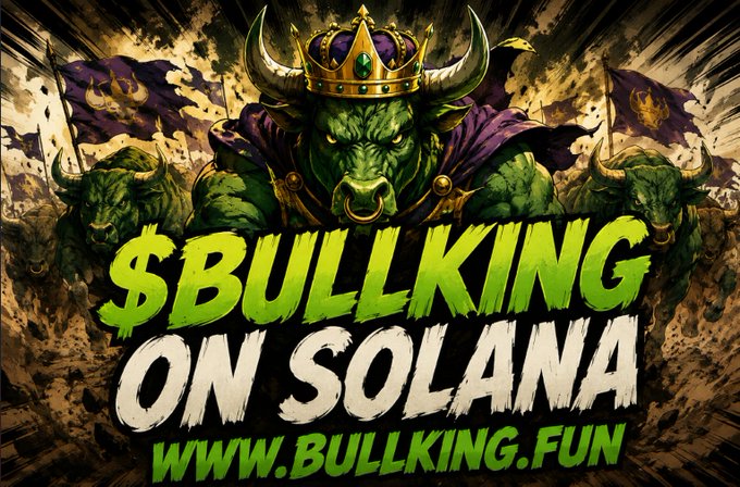 A bold promotional graphic featuring a fierce, crown-wearing green bull flanked by two smaller bulls, with the text "$BULLKING ON SOLANA" and "WWW.BULLKING.FUN" displayed prominently, advertising the launch of the $BULLKING meme coin on the Solana blockchain and directing viewers to the presale website.