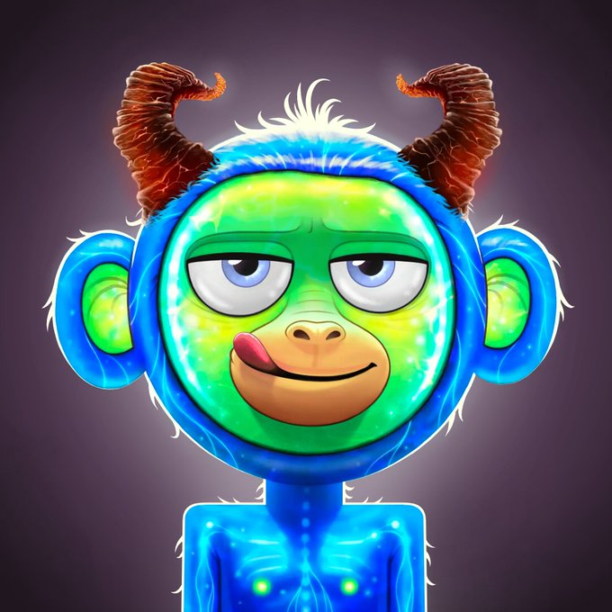 A 3D-rendered cartoon monkey character has a green and blue furry body with orange, textured horns and a slightly mischievous expression.