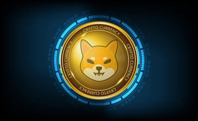 A glowing gold Shiba Inu cryptocurrency coin is displayed against a dark blue background, with the words "CRYPTO CURRENCY" encircling the dog face emblem. The image visually represents the Shiba Inu ($SHIB) token referenced in the article about its declining exchange outflows and potential selloff pressure.