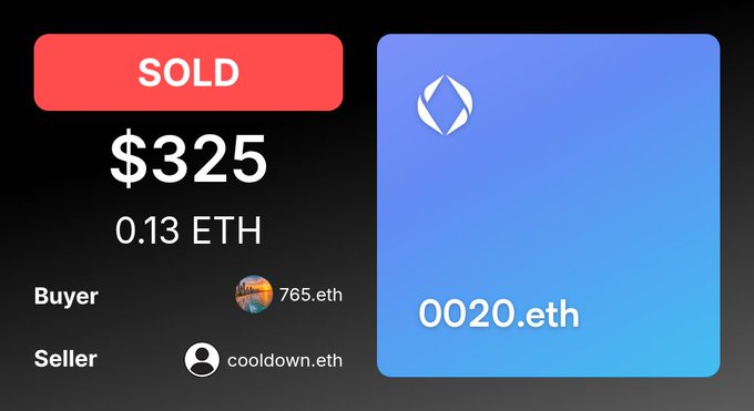 A digital NFT transaction screen showing 'SOLD' for $325 (0.13 ETH), with buyer '765.eth' and seller 'cooldown.eth' for the item '0020.eth'.