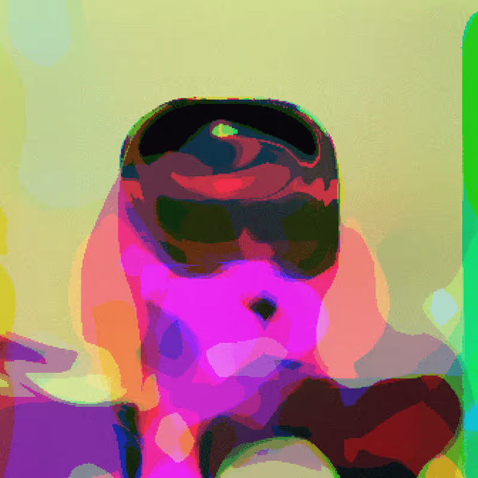 A heavily stylized, abstract digital portrait with vibrant pink, yellow, and black colors depicts a figure wearing large goggles against a yellow-green background.