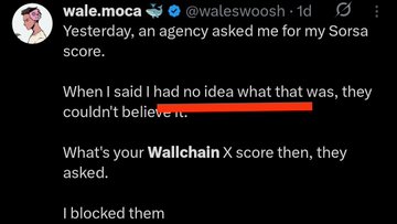 The image features a black background with white text that reads "When I said I had no idea what was, they couldn't believe it. What's your Wallchain X score then?". The text also includes an explanation of the meaning behind the phrase "Wallchain X".
