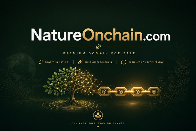 A promotional graphic for 'NatureOnchain.com' advertising a premium domain for sale, featuring a glowing tree connected to blockchain elements with the tagline 'OWN THE FUTURE. GROW THE CHANGE.'
