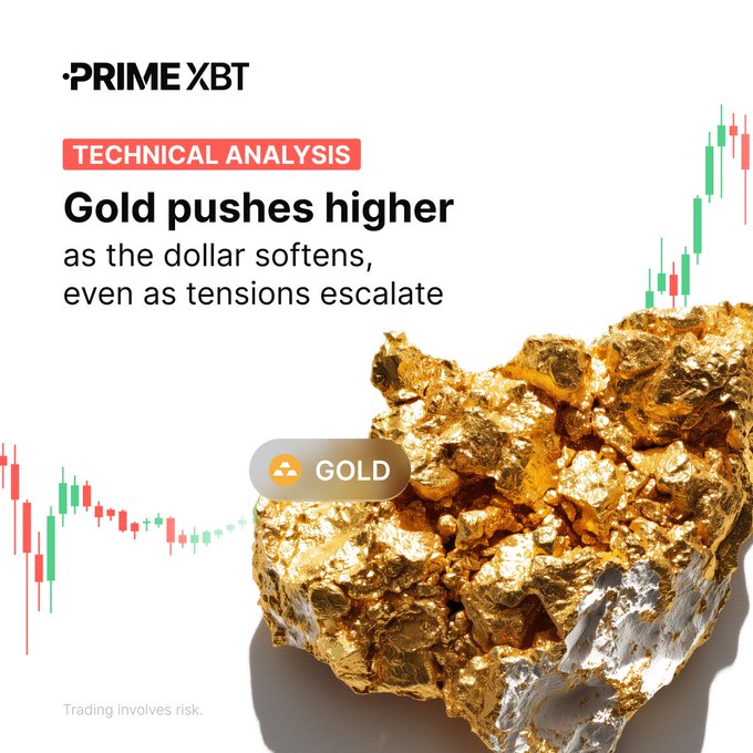 A PrimeXBT advertisement features a gold nugget alongside candlestick charts with the text 'TECHNICAL ANALYSIS: Gold pushes higher as the dollar softens, even as tensions escalate.'