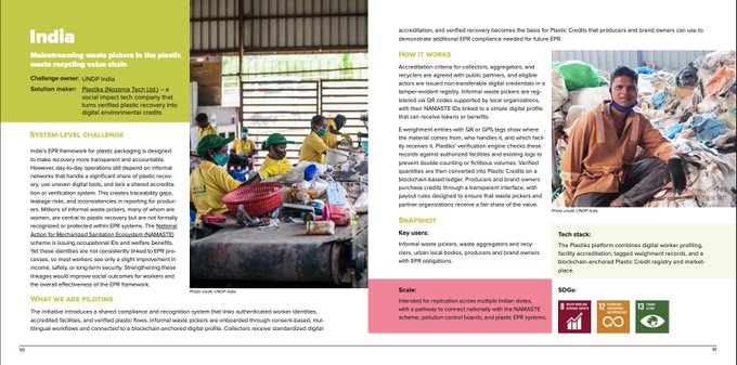 An informational page about waste management in India, featuring the title 'India' and discussing Plastic Income Tech and an 'EPR' framework for plastic recycling.
