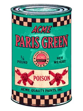 A vintage-style product can labeled 'ACME PARIS GREEN' containing 1/4 pound net weight, marked as POISON, by ACME Quality Paints, Inc.