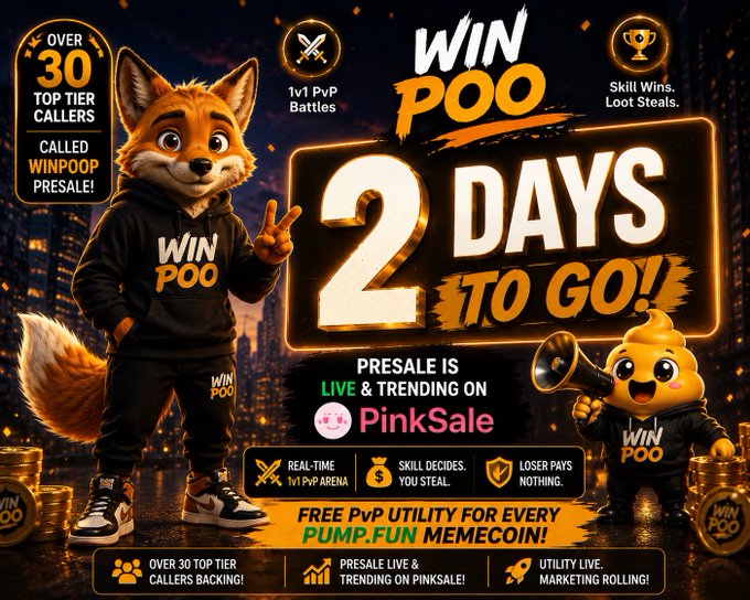 A promotional graphic for a cryptocurrency/meme token called 'WINPOOP' featuring a fox mascot and a poop character, advertising a PinkSale presale with '2 DAYS TO GO'.
