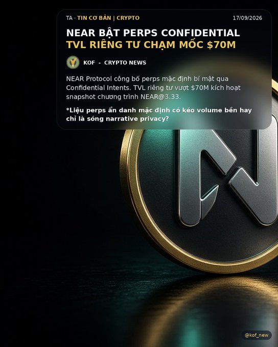 A crypto news graphic dated '17/09/2026' features Vietnamese text discussing 'NEAR Protocol' launching perps via 'Confidential Intents', noting a TVL of '$70M' and a 'snapshot' of 'NEAR@3.33'.