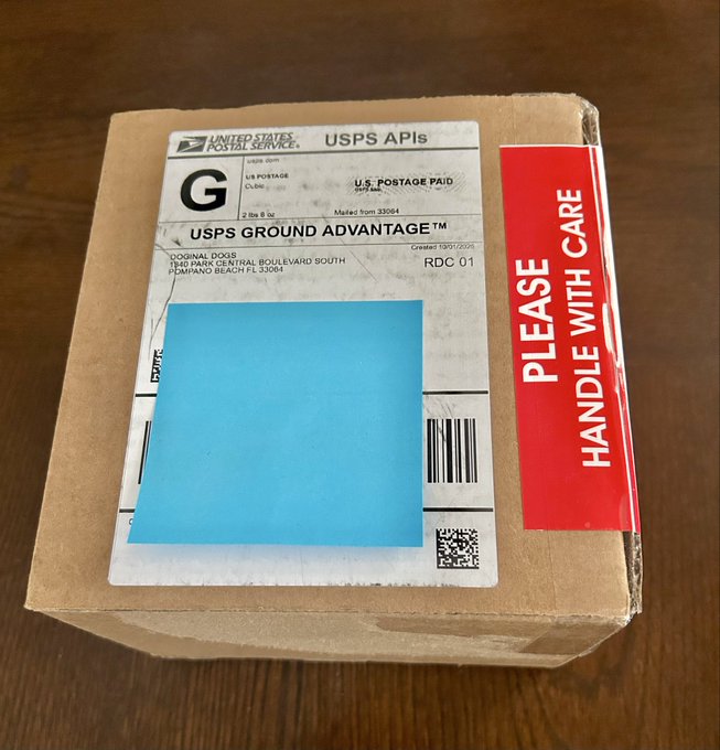 A small cardboard USPS Priority Mail box with a red 'PLEASE HANDLE WITH CARE' label, a blue covering over the address, and a shipping label from Pompano Beach, FL, sitting on a wooden surface.