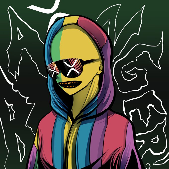 A colorful pop-art style illustration of a person wearing a multicolored striped hoodie and reflective sunglasses with X-shaped lenses, set against a dark green background with white line art.