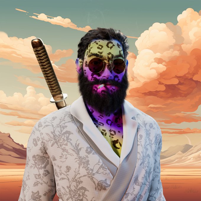 A surreal, AI-generated portrait of a bearded man wearing round sunglasses and a floral patterned suit, with a katana sword visible behind him against a desert sunset backdrop.