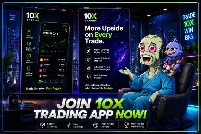 A promotional advertisement for the '10X TRADING APP' featuring two cartoon characters, with text highlighting '10X TRADING', 'More Upside on Every Trade', and 'JOIN 10X TRADING APP NOW!'.
