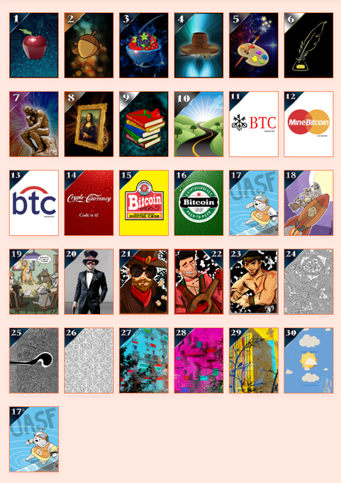 A numbered grid of 30 small images plus one extra, featuring art, logos (including 'btc', 'BTC', 'MineBitcoin'), cartoon characters, and Bitcoin-themed graphics.
