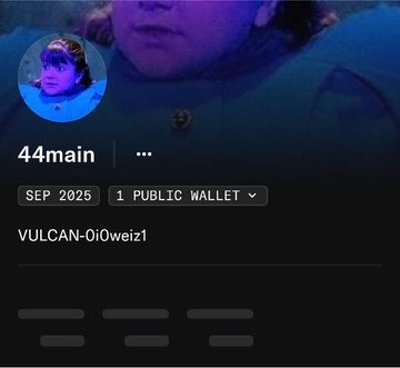 A user profile for "44main" with the wallet address "VULCAN-0i0weiz1" and "1 PUBLIC WALLET," dated "SEP 2025," suggesting an account on OpenSea being called out for undercutting floor prices with bot activity on NFT collections.