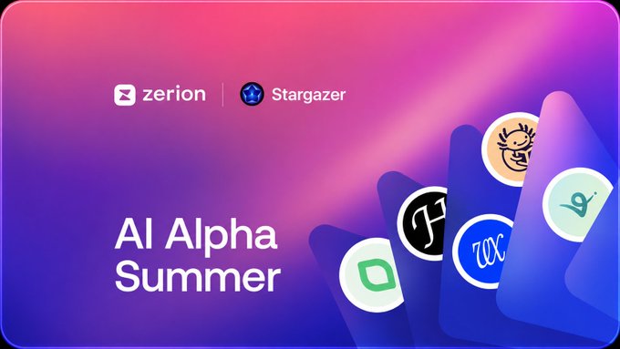 A promotional graphic titled 'AI Alpha Summer' featuring the Zerion and Stargazer logos alongside various crypto token icons on a pink and purple gradient background.
