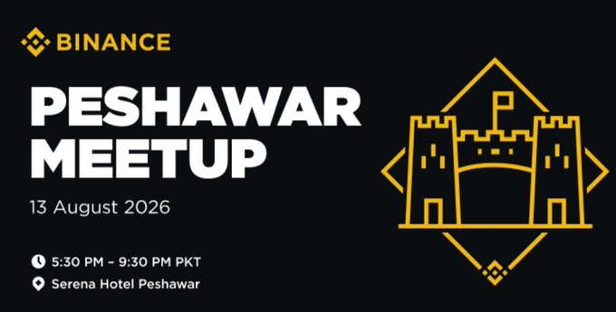 A promotional graphic for the Binance Peshawar Meetup on 13 August 2026, scheduled from 5:30 PM to 9:30 PM PKT at Serena Hotel Peshawar, featuring the Binance logo and an illustrated castle outline. The image complements the post's announcement by visually highlighting the venue, date, and host of Binance's AZADI event in Peshawar.