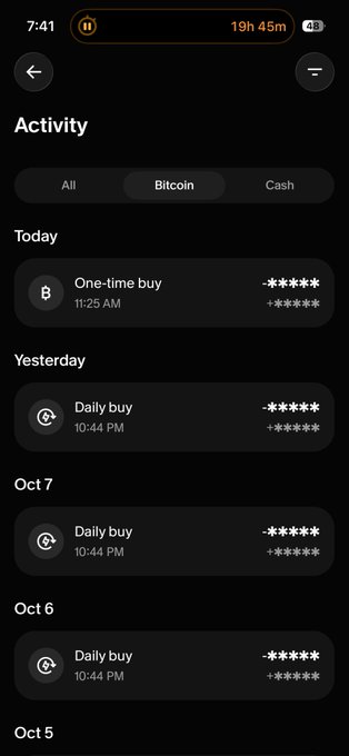 A mobile app activity feed showing Bitcoin purchases including a one-time buy today and daily buys across October 5-7.