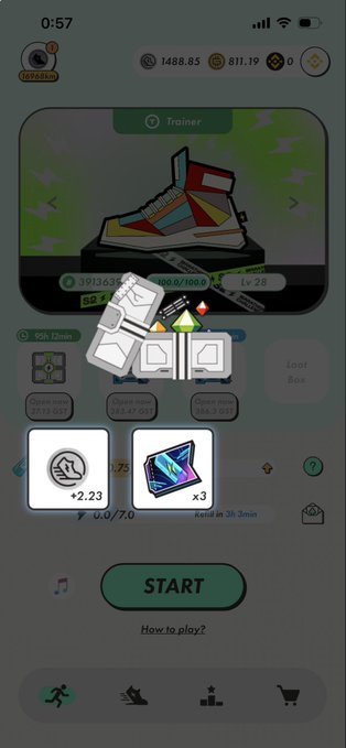 A mobile app interface showing a virtual sneaker ('Trainer') with rewards being distributed, displaying icons for +2.23 currency and x3 gem-like items, alongside a green 'START' button.