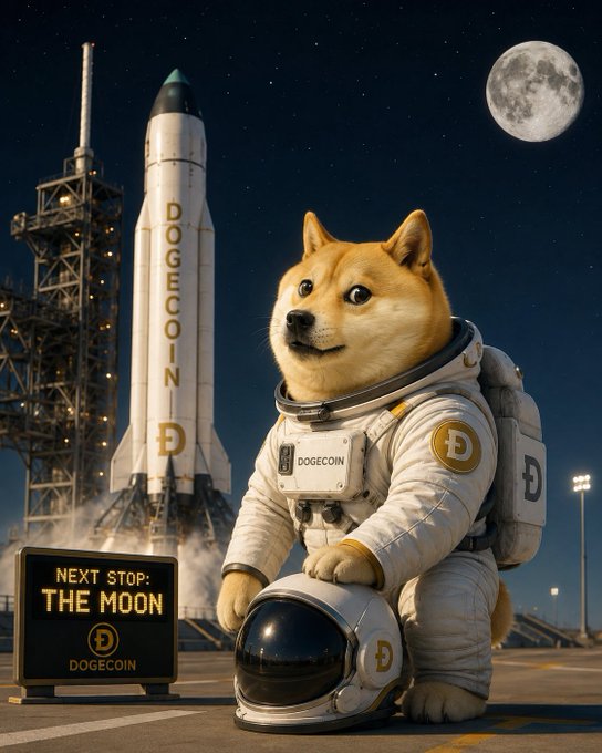 A Shiba Inu dog wearing a Dogecoin-branded spacesuit kneels beside a "DOGE-1" rocket with a sign reading "NEXT STOP: THE MOON / DOGECOIN," perfectly capturing the post's playful hype around $DOGE's lunar aspirations.