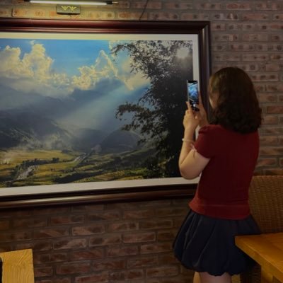 A woman in a red top and dark skirt taking a photo of a large framed landscape painting displayed on a brick wall.