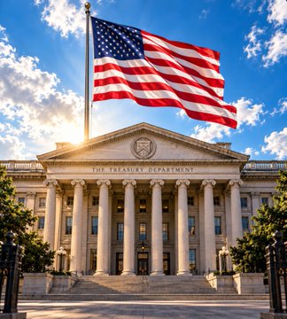 The image shows the neoclassical façade of "THE TREASURY DEPARTMENT" building beneath a large waving American flag, symbolizing U.S. government debt operations. This visual reinforces the post's message about the Treasury's massive $6 billion debt purchase and the $40.1 trillion national debt, framing Bitcoin as a potential hedge against fiscal expansion.
