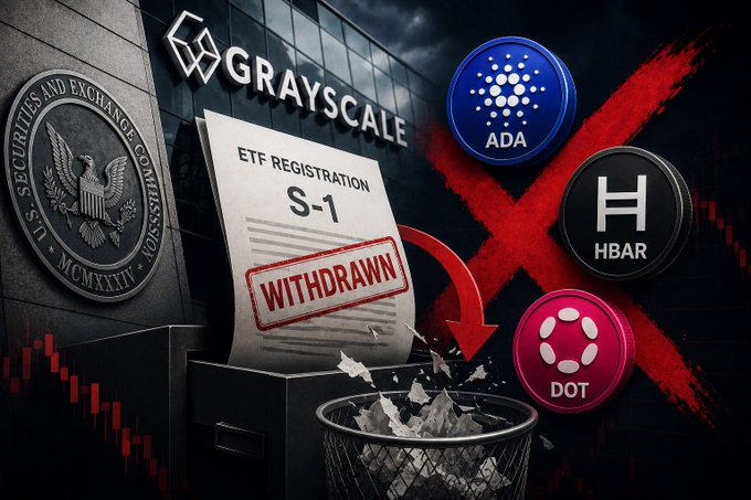 The image depicts Grayscale withdrawing ETF registration forms for ADA, HBAR, and DOT, showing a document stamped "WITHDRAWN" being thrown into a trash can alongside logos for the three cryptocurrencies and the SEC seal. The graphic illustrates the post's message about Grayscale filing Form RW with the SEC to abandon its spot ETF applications for Cardano, Hedera, and Polkadot.