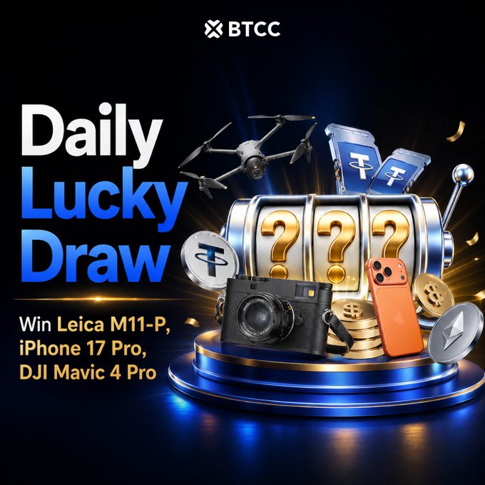 **Caption:** A promotional graphic for BTCC's "Daily Lucky Draw" with accompanying text reading "Win Leica M11-P, iPhone 17 Pro, DJI Mavic 4 Pro," showcasing a slot machine, a drone, a Leica camera, an orange iPhone, and crypto coins that align with the trade-to-win prize campaign.

**Relation to post:** The image visually represents the prizes (Leica camera, iPhone, drone) advertised in the "Trade to win" campaign, tying the sweepstakes promotion directly to BTCC's trading platform at btcc.com.