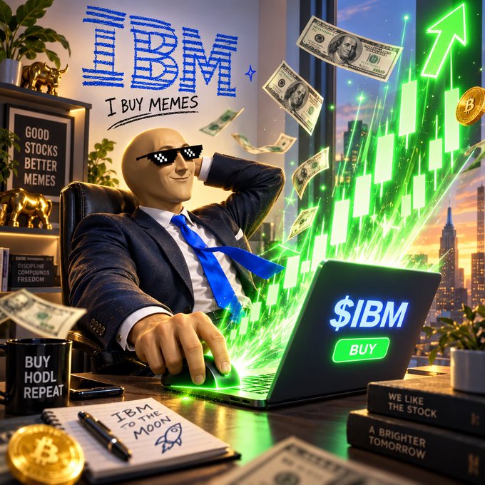 An AI-generated illustration features a man in a suit with 'deal with it' pixel shades at a desk, surrounded by money, Bitcoin, and a green stock chart rising from a laptop displaying '$IBM' and a 'BUY' button, with text including 'IBM I BUY MEMES', 'GOOD STOCKS BETTER MEMES', and 'IBM TO THE MOON'.