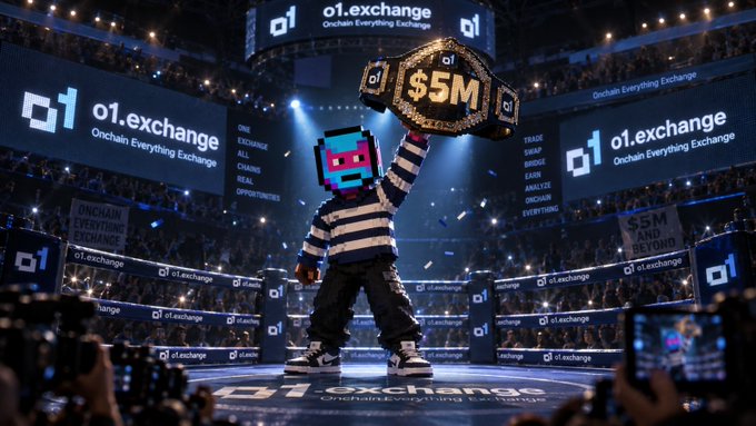 A promotional graphic for 'o1.exchange' with the tagline 'Onchain Everything Exchange,' depicting a masked character holding a championship belt valued at '$5M' in a stadium setting.