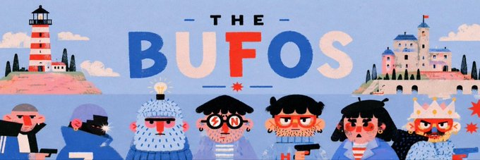 A colorful illustrated banner titled 'THE BUFOS' featuring a row of whimsical pirate-like characters with various hats and a lightbulb-headed figure, with a lighthouse on the left and a castle on the right.