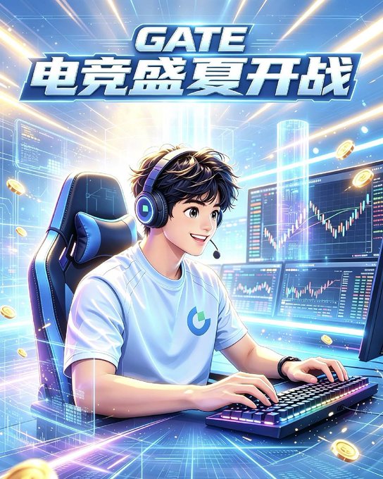 A young animated gamer wearing a headset sits at a futuristic RGB-lit gaming setup, smiling as golden coins float around him, with multiple trading screens displaying market charts in the background. The bold text "GATE 电竞盛夏开战" (Gate Esports Summer Battle) appears at the top, promoting Gate's esports prediction event with a 200,000 USDT prize pool where gaming passion meets profitable forecasting.