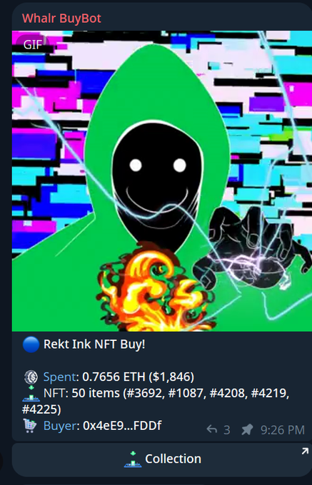 A Whalr BuyBot notification showing a Rekt Ink NFT purchase with glitch-style artwork featuring an alien-like figure against a green shape, with spending of 0.7656 ETH ($1,846) for 50 items by buyer 0x4eE9...FDDf.