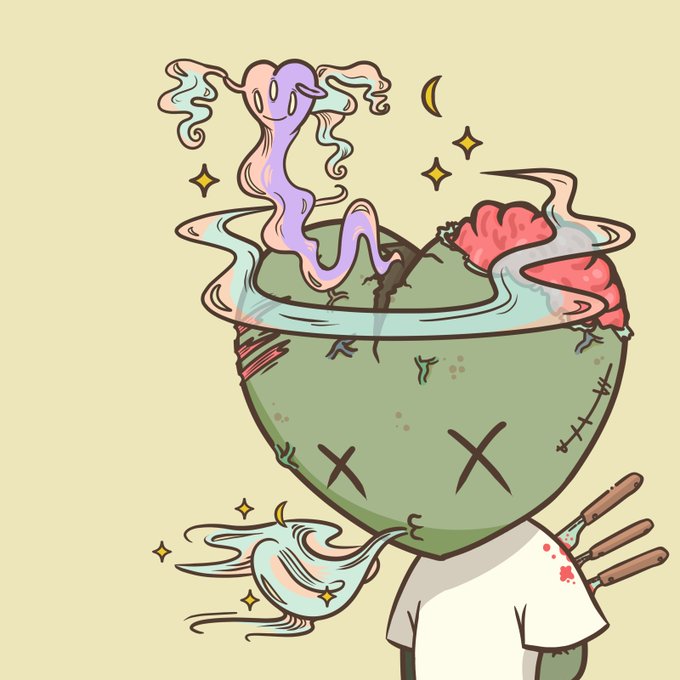 An illustration of a cartoon character with a green, heart-shaped head featuring X's for eyes and stitches, with an exposed brain and a ghostly figure floating above, alongside a small ghost blowing wind.