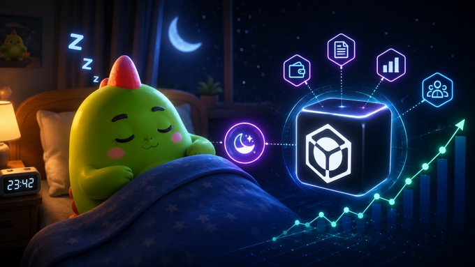 A cute green cartoon character sleeping in bed at night, with cryptocurrency/investment charts and digital icons floating above showing growth.