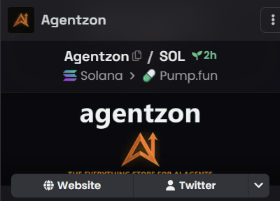 Cryptocurrency listing for 'AgentZon' on Solana network via Pump.fun, showing the AgentZon branding with website and Twitter links.
