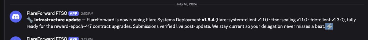 A Discord screenshot dated July 16, 2026, showing a message from the FlareForward FTSO bot announcing an infrastructure update to Flare Systems Deployment v1.5.4.