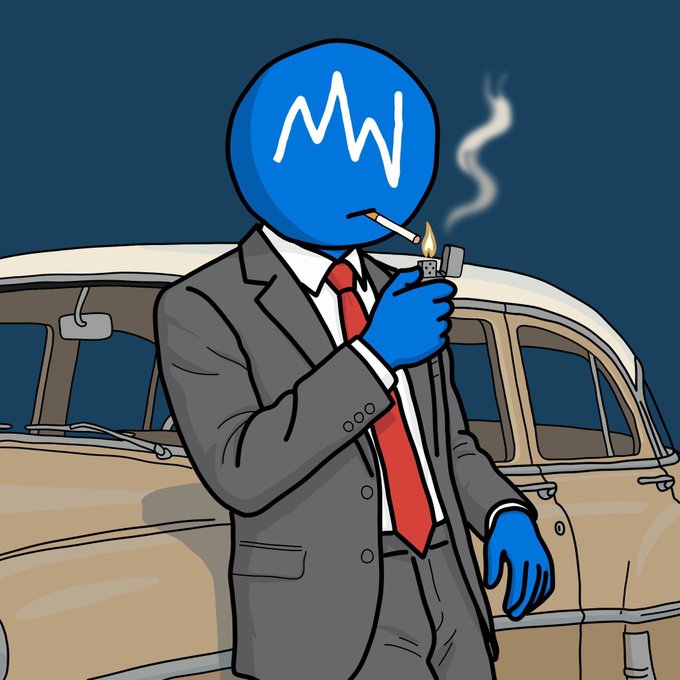 A cartoon illustration of a figure in a gray suit and red tie with a blue 'MW' branded head, lighting a cigarette in front of a vintage cream-colored car.