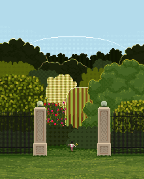 A pixel-art scene of a formal garden with stone gateposts, lush greenery, pink flowers, and a small figure standing at the entrance under a light blue sky.
