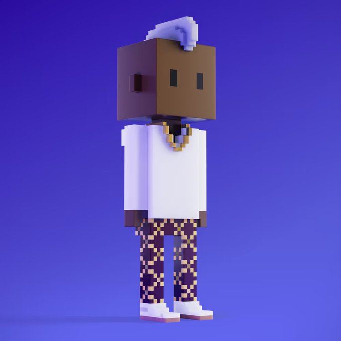 A blocky, Minecraft-style character stands against a blue background, wearing a white top, dark patterned trousers, white shoes, and a blue folded cap or turban.