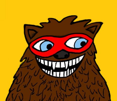 A cartoon illustration of a brown, furry monster or dog-like creature with a wide, toothy grin and blue eyes, wearing a red domino mask against a yellow background.